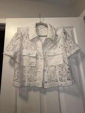 NWT White House Black Market White Lace Short-Sleeve Shirt Jacket